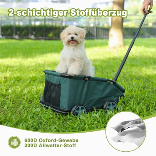 Mini-Hundewagen für Mini-Haustiere, faltbarer multifunktionaler Einkaufswagen mit ausziehbarem Ziehgriff, Doggie Wagon eingebautem Kissen und Sicherheitsseil mit Aufbewahrungstasche (Dunkelgrün)