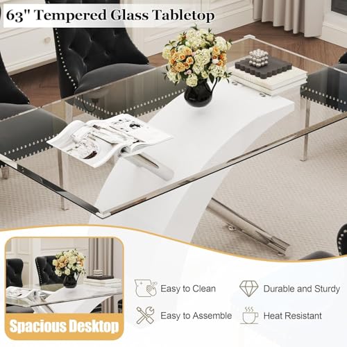 Image of 7 Piece Glass Dining Table Set for 6, 63 inch Modern Kitchen Table with 6 Black Velvet Chairs, Tempered Glass Tabletop with White X-Shaped MDF Base, Modern Dining Room Set for Kitchen and Dining Room