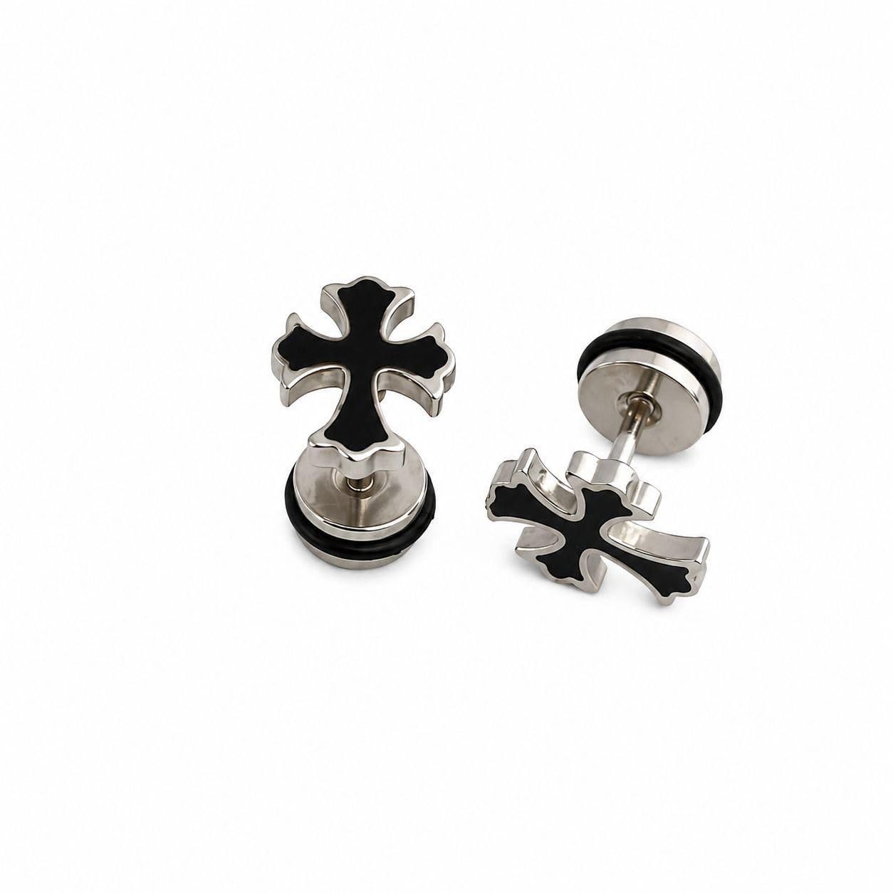 elegant attire club Stainless Steel Cross Stud Earrings, Black and Silver, Gothic Style, Fake Plug, Pair-picture-37