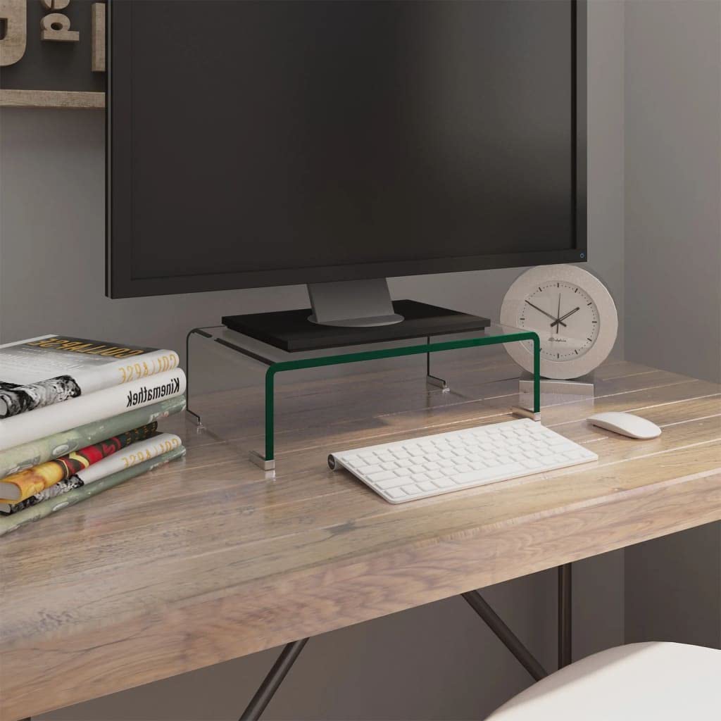 stolik pod telewizor z hartowanego szkła, 40 x 25 x 11 cm, przezroczysta nakładka na telewizor i monitor, ergonomiczna półka na biurko dla lepszej widoczności