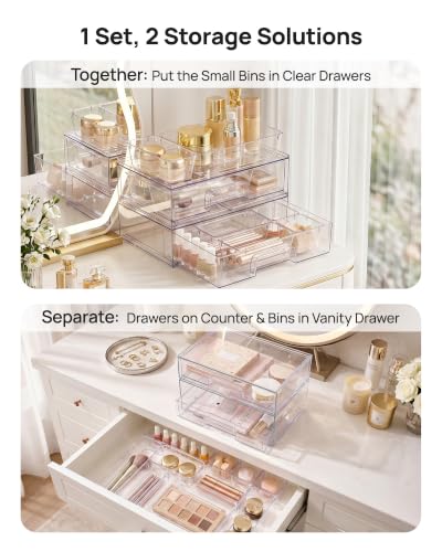 Image of Vtopmart 12-Pack Clear Makeup Organizer Set with Drawer Organizer Bins | 2 Pack Stackable Storage Drawers & 10 Pack Drawer Organizer for Vanity Cosmetic, Bathroom Countertop, Desk