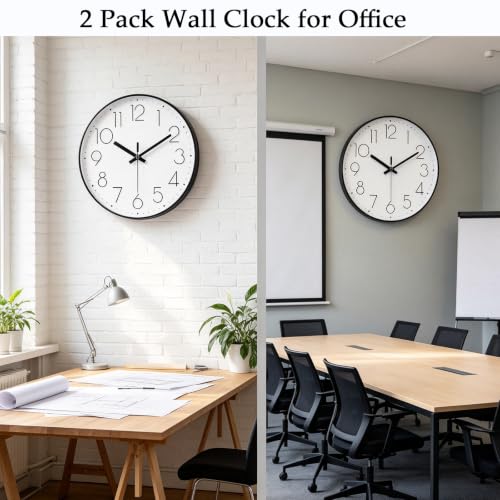 Image of 2 Pack Black Wall Clock 12 Inch Modern Silent Battery Operated Wall Clocks | Office Kitchen Classroom School