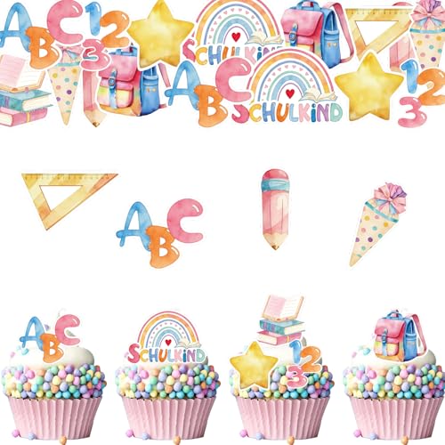 ENLACE 54 Stück Essbare Tortendeko Einschulung Mädchen Junge 2026 Regenbogen Kuchen Deko Einschulung Essbar Cupcake Deko Schulkind Tortendeko Essbar Esspapier Kuchendeko Schulanfang Schultüte 123 ABC