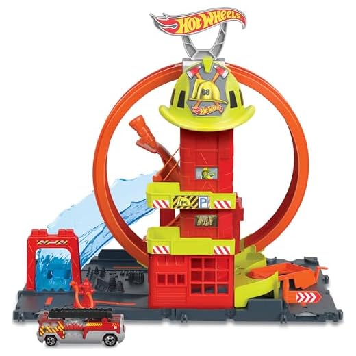Hot Wheels Toy Car Track Set City Super Loop Fire Station & 1:64 Scale Firetruck, Connects to Other Sets