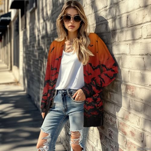 Image of Forchrinse Red Ladybug Cardigan for Women Causal Long Sleeve Open Front Cardigans Sweater Fashion 2024 Fall Coat with Pockets