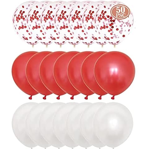 HBell 50pcs Red White Balloons Set,Red Confetti Balloons White Balloons 12inch Birthday Latex Party Balloons for Birthday Party Wedding Baby Shower Holiday Party Decoration (Red) Cover
