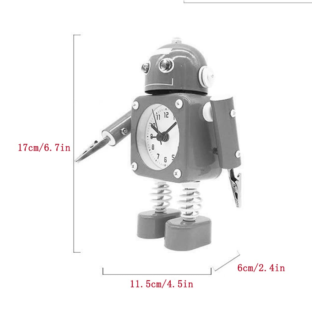 Zegar nocny, budzik, Robot Mały budzik Zasilany bateryjnie Zegar studencki Metalowa obudowa Cichy, nie tykający dźwięk Kreatywne biurko Mały zegar na biurko Ozdoby (czerwony) (Color : Bianco)