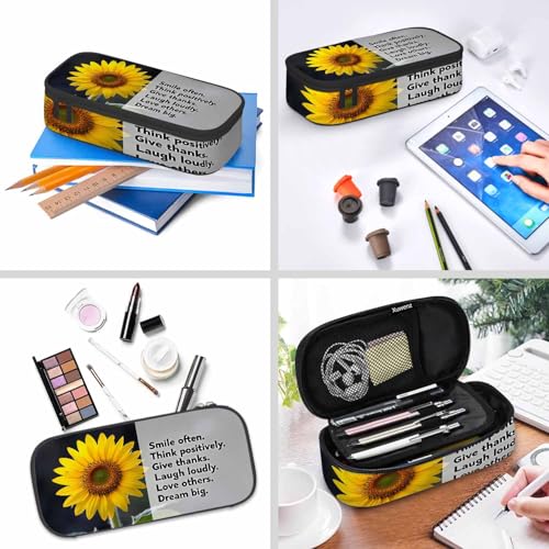 Image of Sunflower Pencil Case Smile Often Think Thanks Laugh Loudly Bright Yellow Flower Pencil Bag Pen Markers Pouch Holder Organizer for Boy Girl School Students