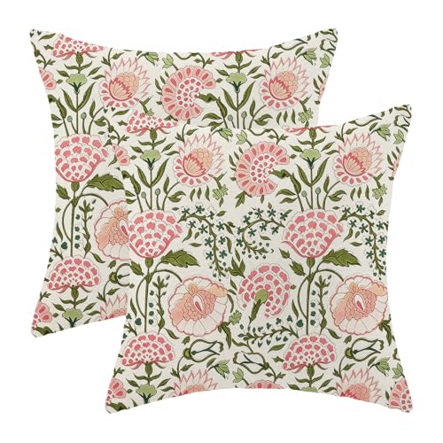 CXMEIFLY Pink Sage Green Outdoor Pillow Covers 18x18 Inch Set of 2 Block Print Chinoiserie Pillows Cases Vintage Farmhouse Boho Cushion Cases Summer Floral Decorative for Sofa Bedroom Living Room