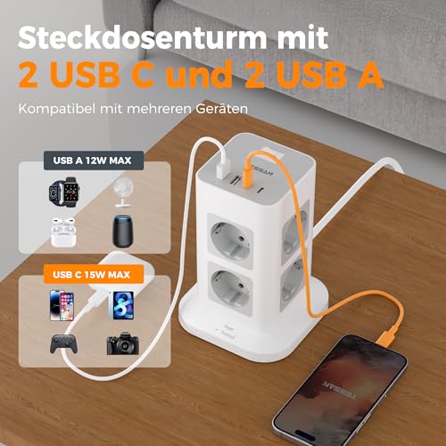 TESSAN 8 Fach Mehrfachsteckdose mit 2 USB C, Steckdosenleiste Überspannungsschutz, Steckdosenturm mit 4 USB, Mehrfachstecker mit Schalter und Verlängerungskabel 2M, Verteilersteckdose für Büro, 3600W