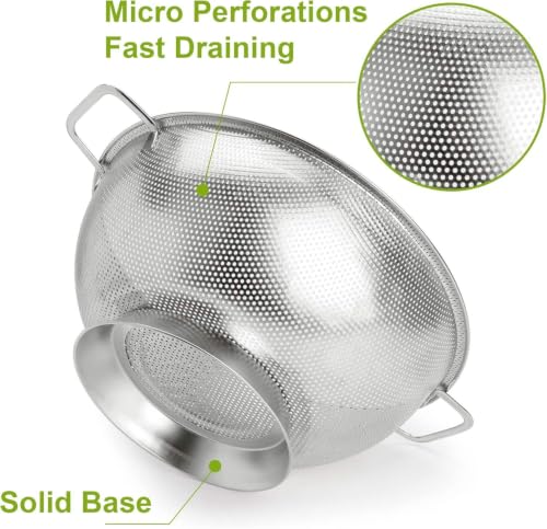 Image of KRESHU Stainless Steel Colander with Handles | Premium Micro-Perforated Kitchen Strainer, Rust-Proof, Fast Draining Basket for Pasta, Vegetables, Fruits & Rice (22.5CM)