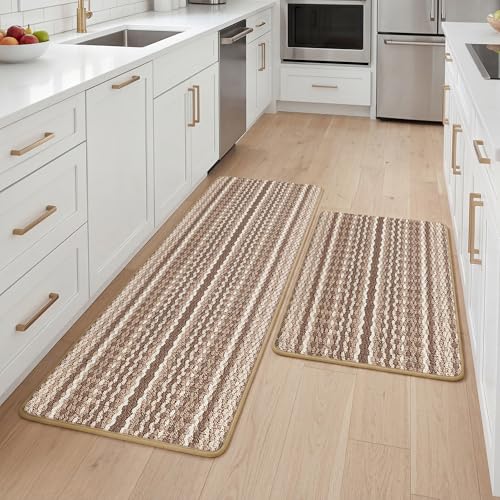 Carvapet 2 Piece Kitchen Rug Set Brown Washable Non Slip 17"x30"+17"x59"