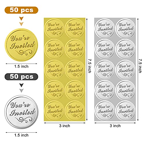 100 Pieces You're Invited Round Embossed Foil Seals Embossed Aluminum Foil Sticker Wax Seals For Wedding Envelopes Present Decoration (Gold, Silver) #TOP1