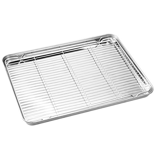 Stainless Steel Baking Sheets With Rack, Hkj Chef Cookie Sheets And Nonstick Cooling Rack & Baking Pans For Oven & Toaster Oven Tray Pans, Rectangle Size 12.5L X 10W X 1H Inch & Non Toxic & Healthy #TOP1