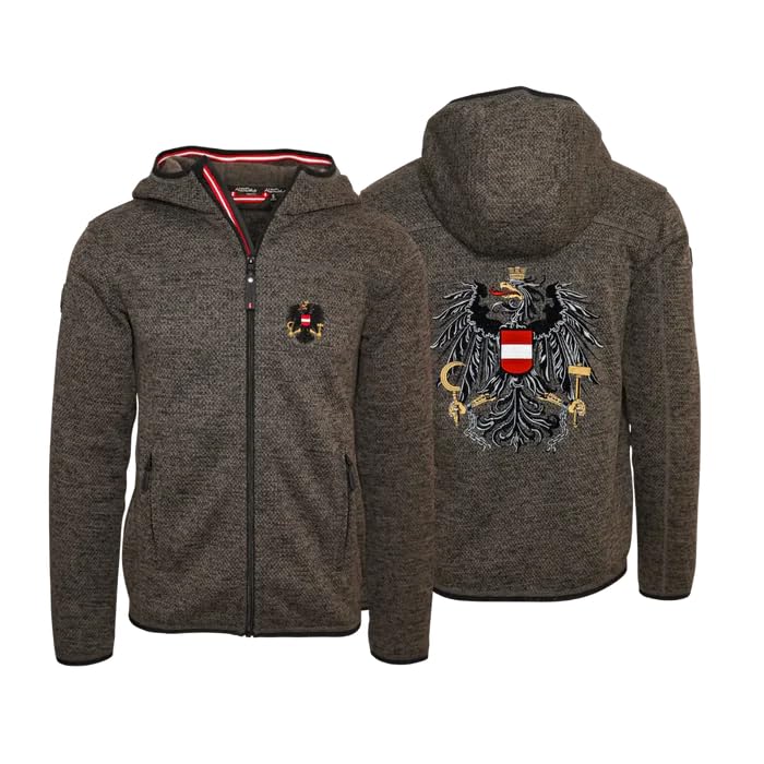 Hoamatkult Kultjacke – Österreich Strickfleece mit Kapuze, mit Adler-Stickerei, warm, atmungsaktiv & kultig – perfekt zur Lederhose & Jeans - (M, Dunkelbraun-Strick)