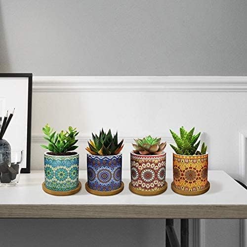 Lewondr 4 Pack Succulent Plant Pots, 2.8 Inch Ceramic Mini Flower Pots Planter with Bamboo Tray for Small plants Flowers Cactus, Home decorations Décor - Mandala, Colorful