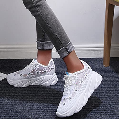 Womenyiaor Women's Fashion Sneakers Dressy Floral Embroidery Breathable Sheer Mesh Sneakers Platform Wedge Sneakers Casual Lace Up Walking Shoes Rhinestone Sneakers (B-White, 8) #TOP2