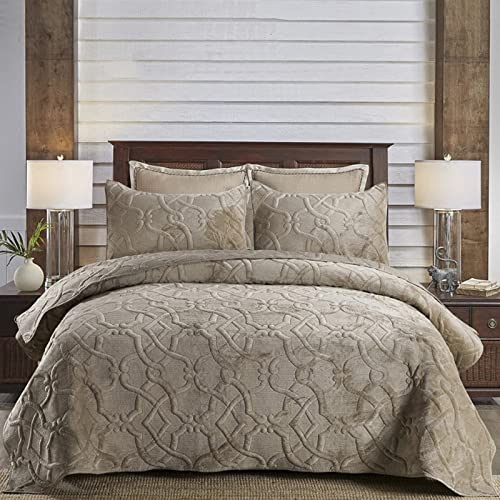 Kiskis Faux Velvet Quilted Bedspread, Coverlet Set Geometric Stitching Design, Warm Quilt Set All Season, 2 Pillowcases,Brown,King 106X92 #TOP2