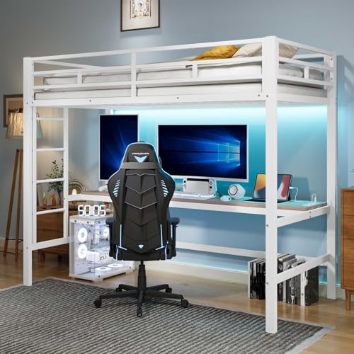 YEHTOKHOME Lit loft Moderne 90x200cm avec lumière d'ambiance télécommandée et Bureau,Simple en métal lit avec USB et Prise,Multifonctionnel lit avec...