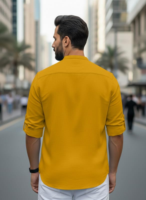 Image of Men Cotton Blend Mandarin Collar Casual Kurta Shirt | Roll-Up Sleeves | Regular Fit Ethnic Short Kurta for Daily
