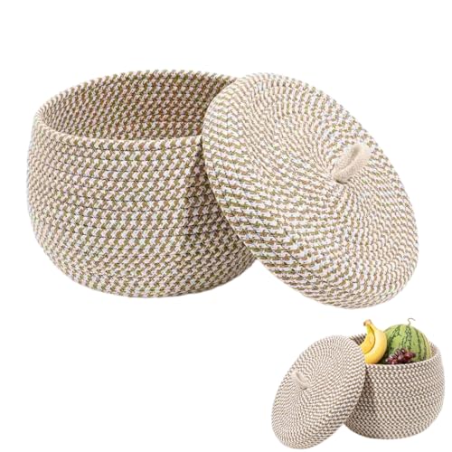 Generico Cestino Portaoggetti Rotondo Con Coperchio Cesto Decorativo Intrecciato In Corda Di Cotone Contenitore Per Oggetti Vari Con Coperchio.