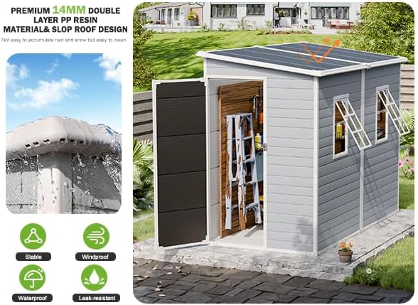 Close-up of water beading and running off the shed's waterproof resin surface.