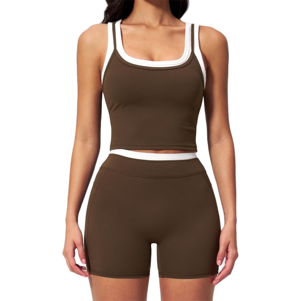JPXJGT Women's Yoga Set High-Waisted Outdoor Leisure City Fitness Sports Set with Pockets(Size:M,Color:Brown)