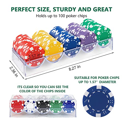 CUNHUY 1 Pack Clear Acrylic Poker Chip Rack with Cover/Casino Chip Tray with Lid, Holds 100 Chips Each