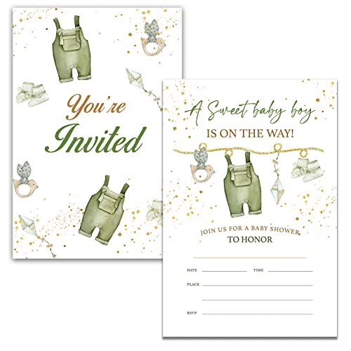 Yidou Boho Boy Baby Shower Party Invitations Green Baby Clothes Baby Shower Party Fill In Invites Cards 20 Invitations And Envelopes (Double Sided) #TOP1