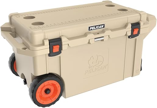 Pelican 80QT Elite Wheeled Cooler (Tan) | 58 Can Capacity with Ice | 10 Day Ice Retention | Built-in Bottle Opener | Guaranteed for Life