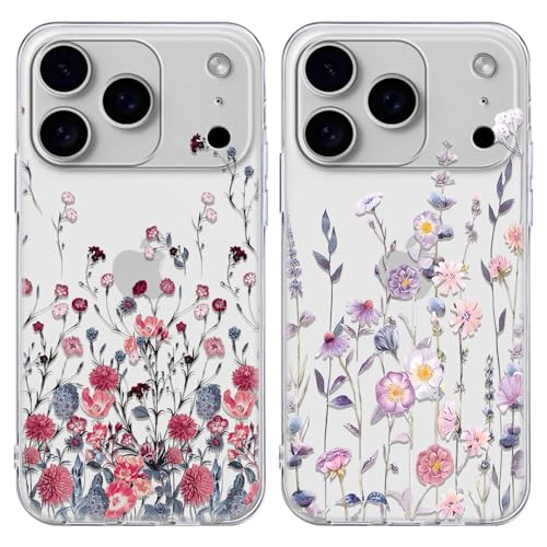Xylota 2 Pezzi Cover per iPhone 17 Pro 6,3', Trasparente Custodia con Aesthetic Disegni Fiori Donne e Ragazze Cover, Ultra Sottile Silicone Morbida TPU Bumper Antiurto Protettiva Case, Floral5