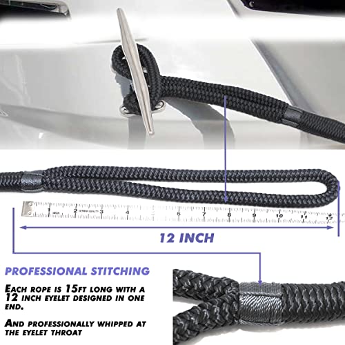 Innocedear 4 Pack 1/2” X 15’ Dock Lines|Marine-Grade Double-Braided Nylon Dock Line With 12” Eyelet.hi-Performance Boat Rope Mooring Rope Black Dock Line #TOP4