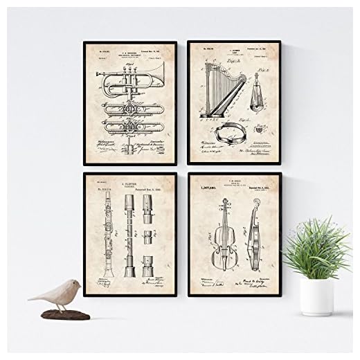 Nacnic - Pack 4 Láminas Patentes Instrumentos Musicales. Set Posters Clarinete, Arpa, Trompeta y Violin - Decoración Mural Vintage para el Hogar