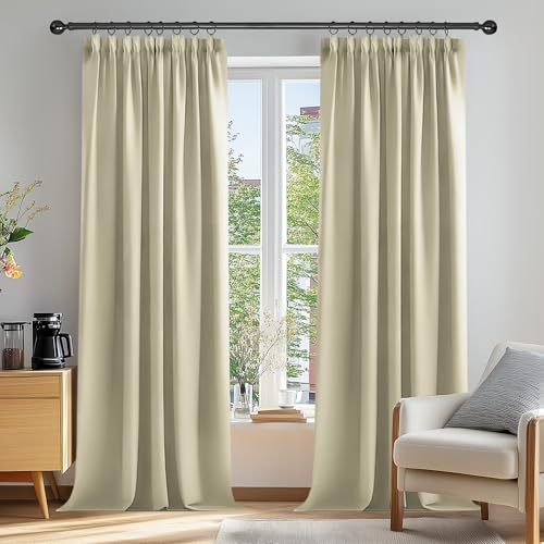 Deconovo Super Soft Thermal Insulated Pencil Pleat Curtains Room Darkening Curtains for Kitchen 90 x 90 Beige 2 Panels