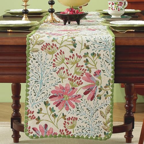 Spring Botanical Elegant Table Runner with Floral Jacquard Pattern Decorative Dining Table Decor with Delicate Lace Edging Green 12 x 71 Inch by HomeyHo - Image 2