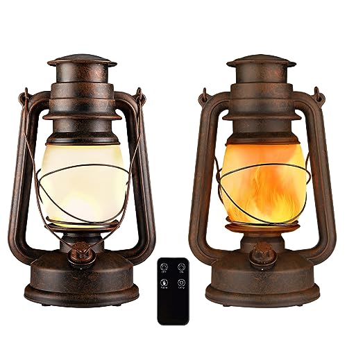 2 Pack LED Vintage Lantern Decorative, Indoor/Outdoor Hanging Waterproof Lanterns with Smart Remote, Battery Operated Lanterns Flickering Flame 2 Models for Garden Yard Pathway Porch