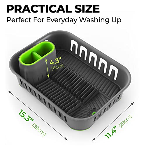 Mueller Dish Drying Rack, Dish Rack With Utensil Holder, Utensil Rack, Dish Drainer For Kitchen Countertop, Sink, European Made, 15" X 11" X 4", Gray/Green #TOP2