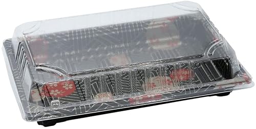 EcoQuality 8.5 x 5.5 Inch Black Sushi Trays with Lids Container, 200 Pack