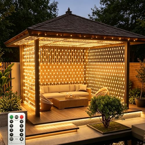 Leisure World 10Ft X 10Ft 270 Led Net Lights Mesh Fairy String Decorative Outdoor Warm White 8 Modes Net With Remote, Timer For Wedding Christmas Trees, Bushes, Garden, Outdoor Decorations