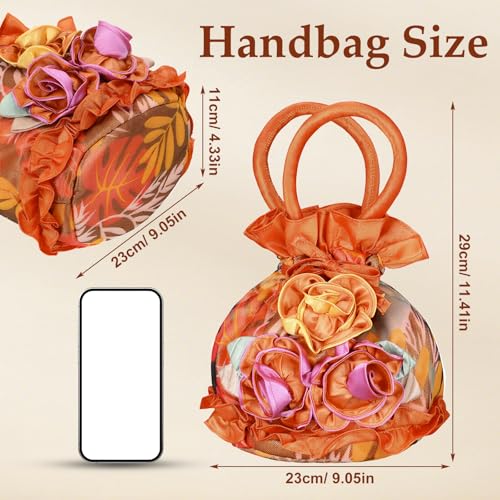 Image of TENDYCOCO Orange Women Clutches Purse, Satin Ribbon Material Lace Floral Bucket Evening Handbag, Flower Shaped Clutch, Phone Purse Mini Bag for Wedding, Prom, Party