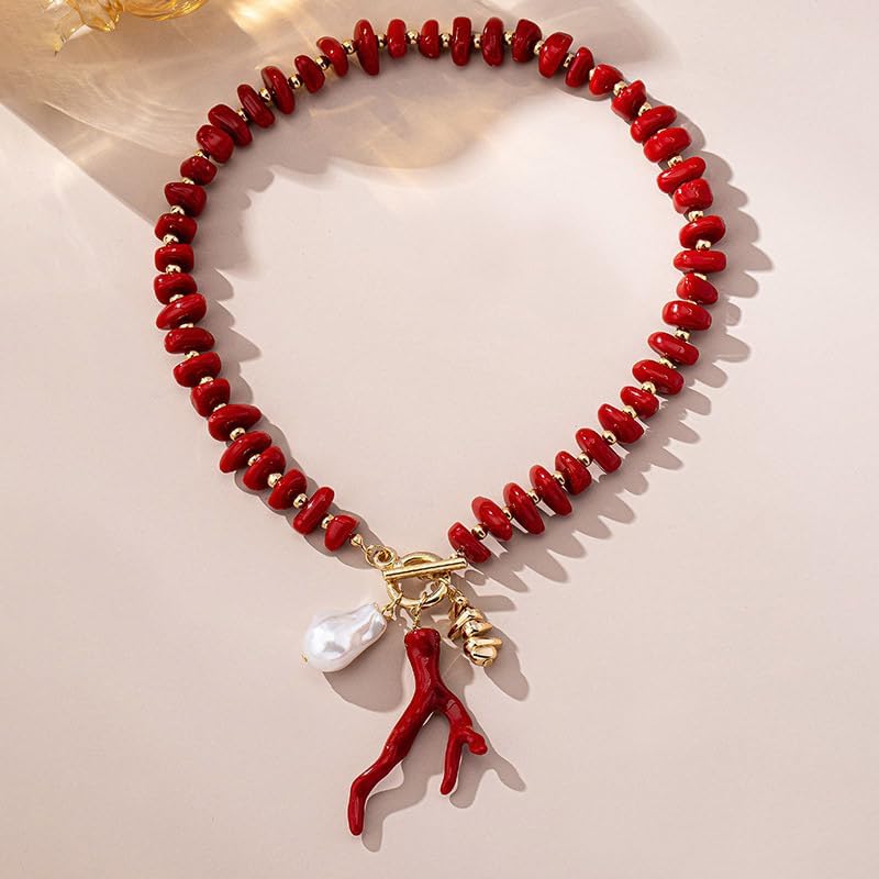 Red Coral starfish Choker Necklace for Women Dainty Red Acrylic Irregular Bead Ocean Pendant Necklace Valentine's Day Statement Jewelry Accessories for Women - Image 6