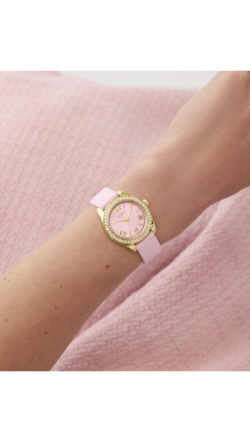 Guess Reloj de Pulsera para Mujer GW1000L2 Mini Luna de 30 mm, Acero Inoxidable Dorado, Esfera Rosa, Cuarzo, Cristal Mineral, circonita, 3 ATM, Correa de Silicona Blanca de 14 mm