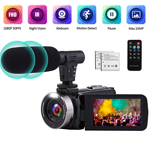 Videocámara Videocamara con IR Night Vision, FHD 1080P 30FPS Youtube Vlogging Camera 16X Zoom Digital Camara De Video con Micrófono y 2 Baterías Recargables