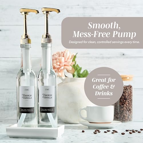 COOK WITH COLOR Glass Coffee Syrup Dispenser with Pump- Set of 2 Syrup Bottles for Coffee Bar, Decorative 350 ML Bottle with Ceramic Holder, Funnel, Labels and Extra Pumps, Clear by COOK WITH COLOR - Image 6
