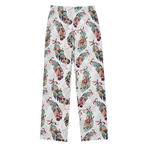ZZXXB Ethnic Feather Print Boys Long Pants Soft Trousers Elastic Waist Kids Lounge Bottoms with Pockets S-XL