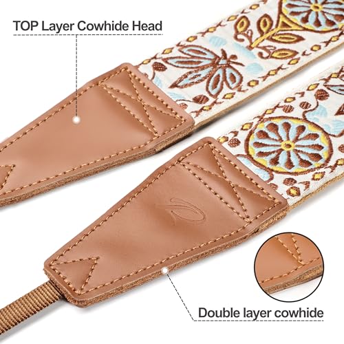 Image of Padwa Lifestyle Camera Strap - 2 inch Full Grain Leather Ends Camera Straps for Photographers, Vintage Embroidered Cotton Weave Soft Suede Fabric Padded Strap Quick Release fits All Cameras