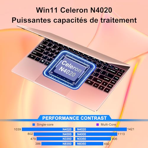 Ordinateur Portable 256Go SSD Soutien Extension 1TB Pc Portable 14 Pouces Celeron N4020 Pas Cher FHD 1080 Laptop avec 5G WiFi BT4.2 inclut Souris sans Fil&AZERTY Clavier Couverture-Or – Image 3