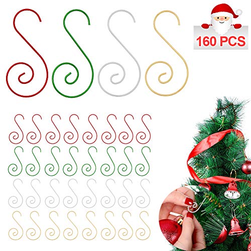 Hushtong 160 Pcs Christmas Ornament Hooks Christmas Tree Ornament Hangers Hooks for Christmas Tree Decorations (Gold,Green, Red, Silver)