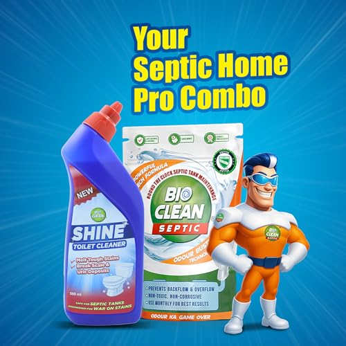 Image of Bioclean Septic Tank Cleaning Powder 250gm + SHINE Toilet Cleaner 500ml | Septic Tank Cleaner Bacteria Powder, Sludge Remover & Odour Control | Odour Remover Combo