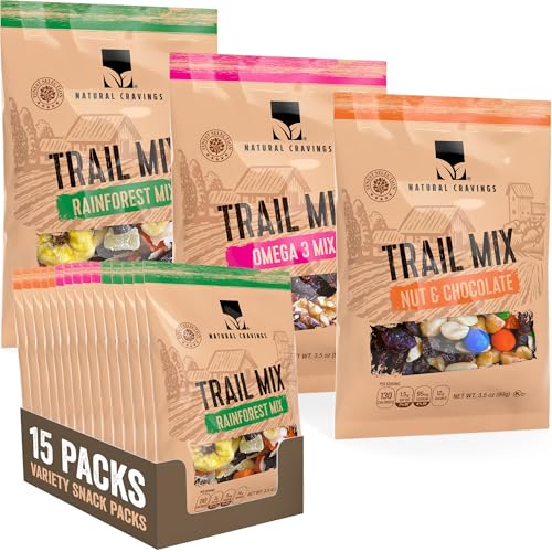 Natural Cravings Trail Mix Snack Packs Variety - 5 Bags - Dried Fruit Mix & Nuts Mix with Chocolate Chips, Peanuts, Cranberries, Raisins, Walnuts, Tropical Fruits - Trail Mix Individual Packs, 3.5 oz